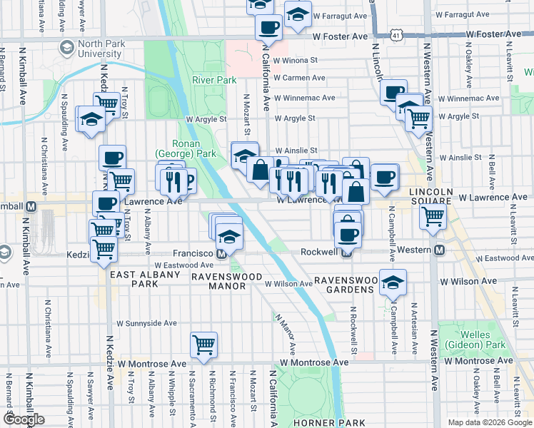 map of restaurants, bars, coffee shops, grocery stores, and more near 4809 North California Avenue in Chicago