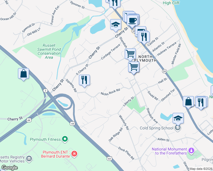 map of restaurants, bars, coffee shops, grocery stores, and more near 65 Nicks Rock Road in Plymouth