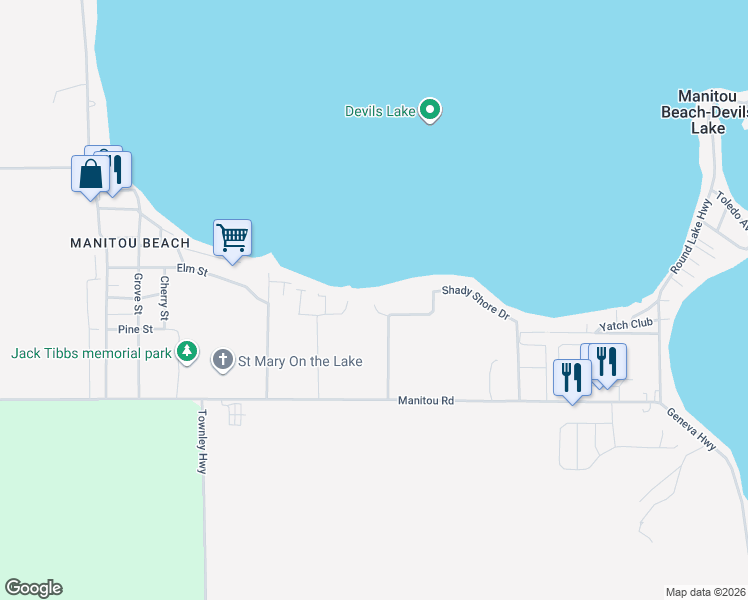 map of restaurants, bars, coffee shops, grocery stores, and more near 1590 Cottage Grove Street in Manitou Beach-Devils Lake