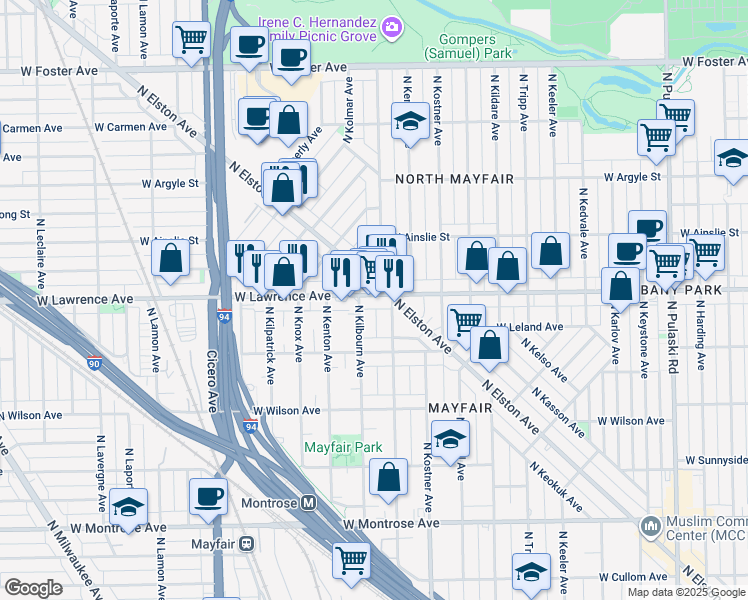 map of restaurants, bars, coffee shops, grocery stores, and more near 4478 West Lawrence Avenue in Chicago