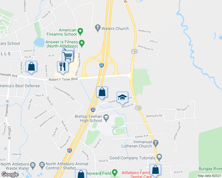 map of restaurants, bars, coffee shops, grocery stores, and more near 14 Revere Terrace in Attleboro