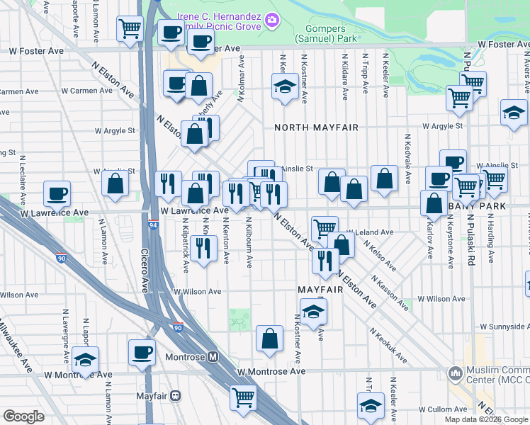 map of restaurants, bars, coffee shops, grocery stores, and more near 4478 West Lawrence Avenue in Chicago
