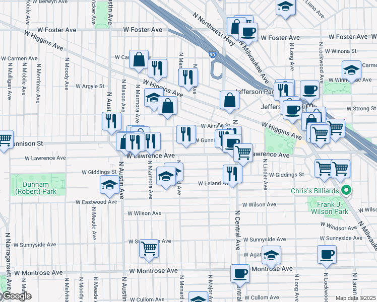 map of restaurants, bars, coffee shops, grocery stores, and more near 5742 West Lawrence Avenue in Chicago