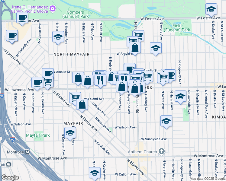 map of restaurants, bars, coffee shops, grocery stores, and more near 4134 West Lawrence Avenue in Chicago