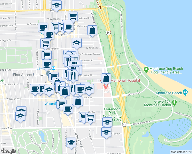 map of restaurants, bars, coffee shops, grocery stores, and more near 818 West Lakeside Place in Chicago
