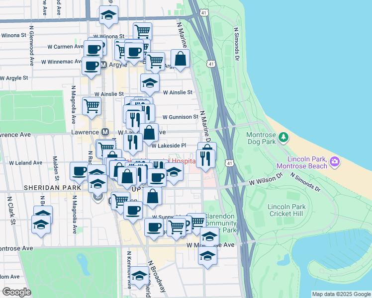 map of restaurants, bars, coffee shops, grocery stores, and more near 818 West Lakeside Place in Chicago