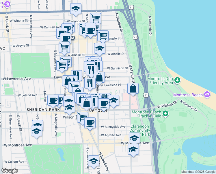map of restaurants, bars, coffee shops, grocery stores, and more near 4759 North Sheridan Road in Chicago