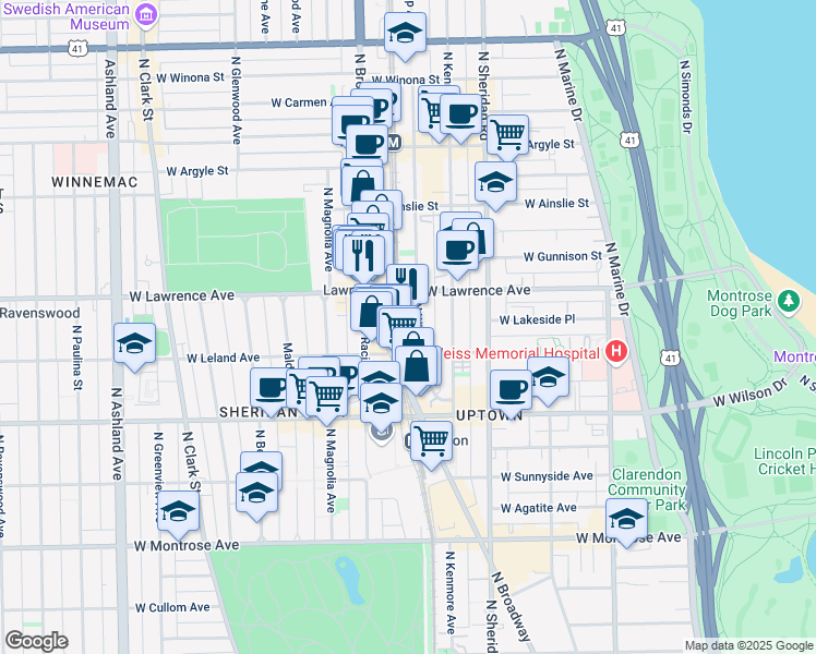 map of restaurants, bars, coffee shops, grocery stores, and more near 1123 West Lawrence Avenue in Chicago