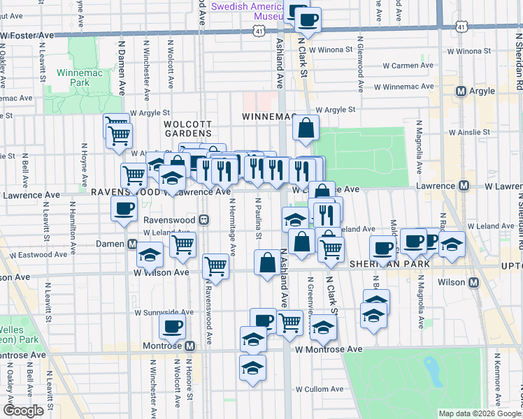 map of restaurants, bars, coffee shops, grocery stores, and more near 4751 North Paulina Street in Chicago