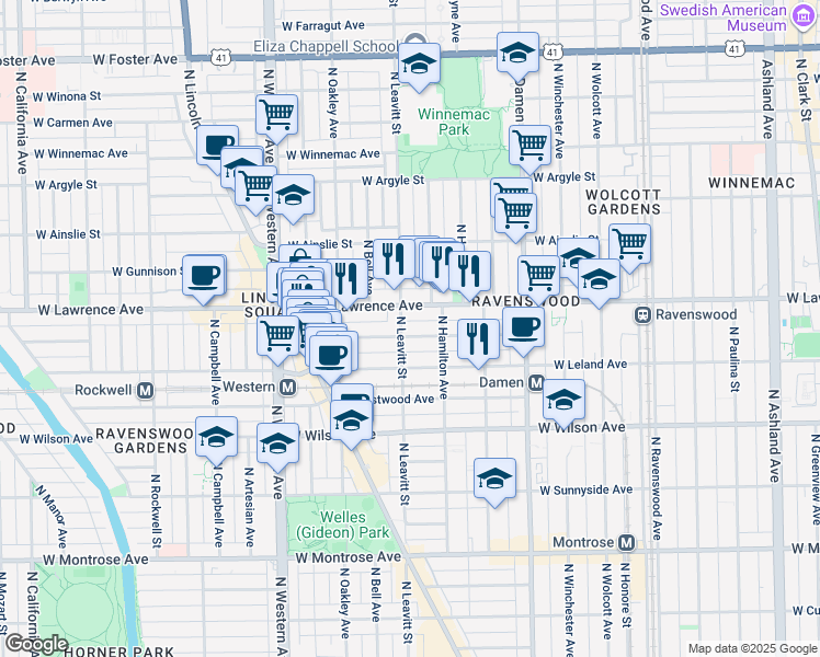 map of restaurants, bars, coffee shops, grocery stores, and more near in Chicago