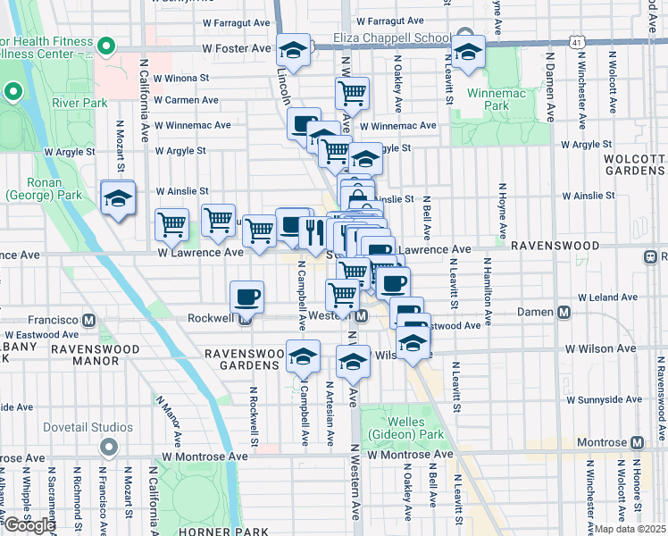 map of restaurants, bars, coffee shops, grocery stores, and more near 2425 West Lawrence Avenue in Chicago