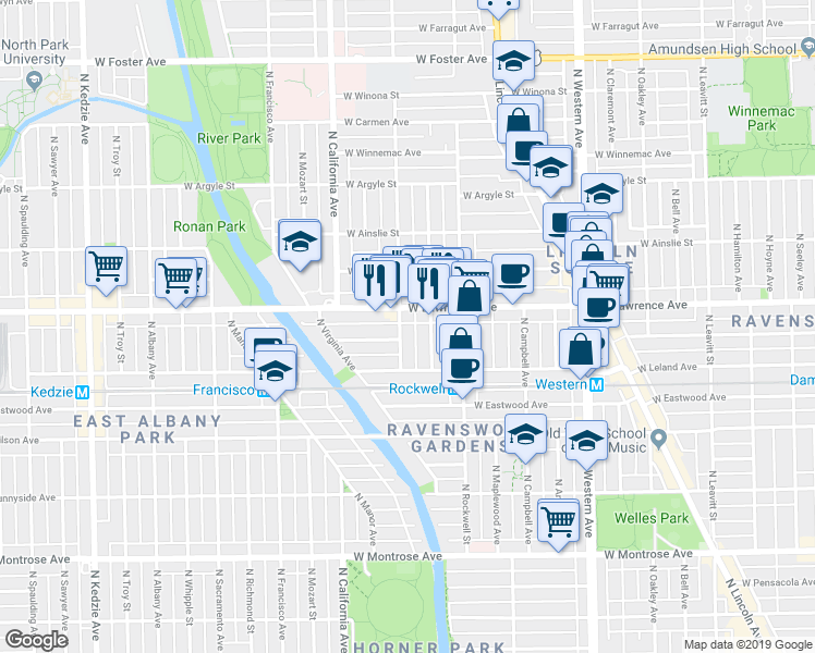 map of restaurants, bars, coffee shops, grocery stores, and more near in Chicago