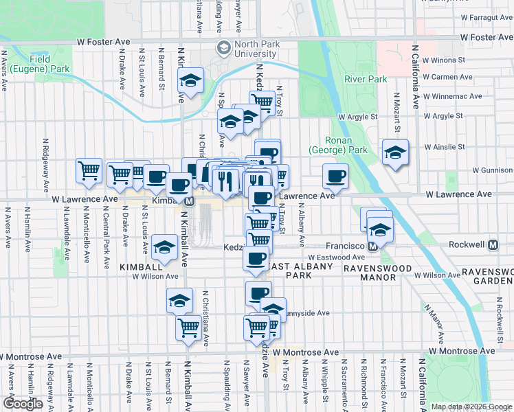 map of restaurants, bars, coffee shops, grocery stores, and more near 3222 West Lawrence Avenue in Chicago