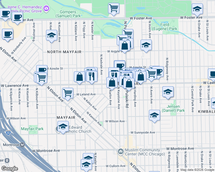 map of restaurants, bars, coffee shops, grocery stores, and more near 4047 West Lawrence Avenue in Chicago