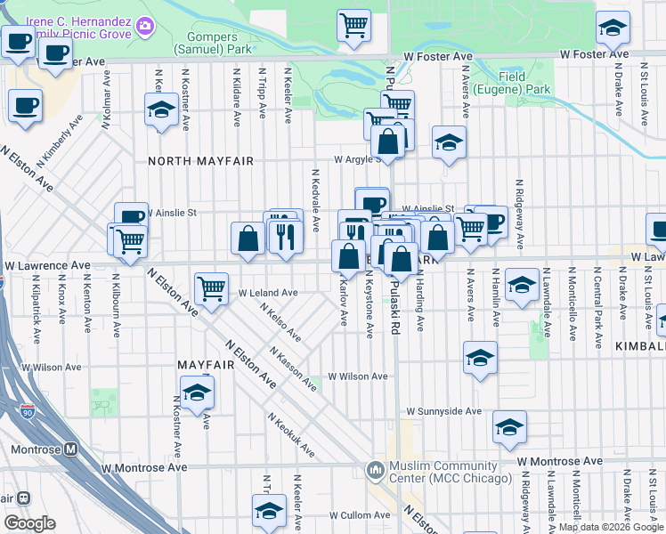 map of restaurants, bars, coffee shops, grocery stores, and more near 4047 West Lawrence Avenue in Chicago