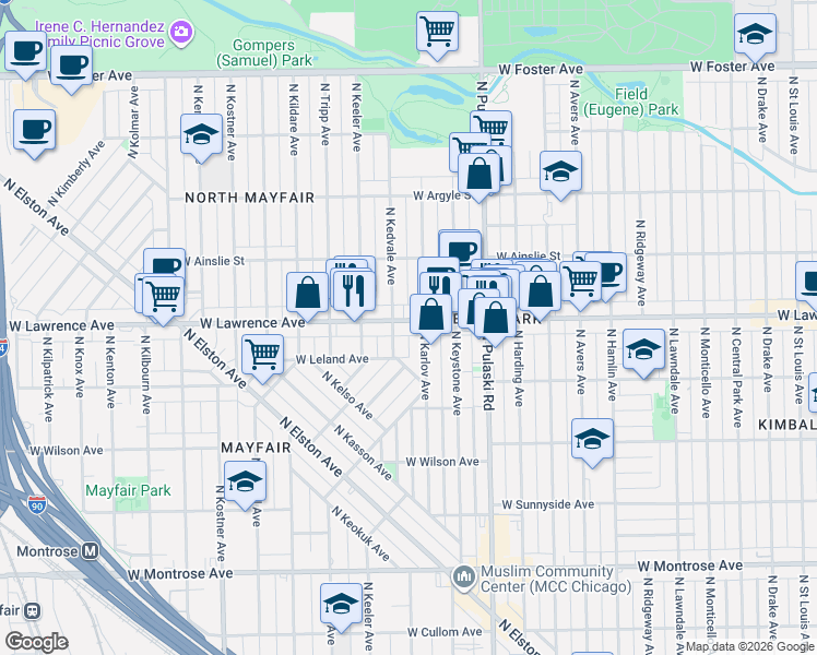 map of restaurants, bars, coffee shops, grocery stores, and more near 4047 West Lawrence Avenue in Chicago