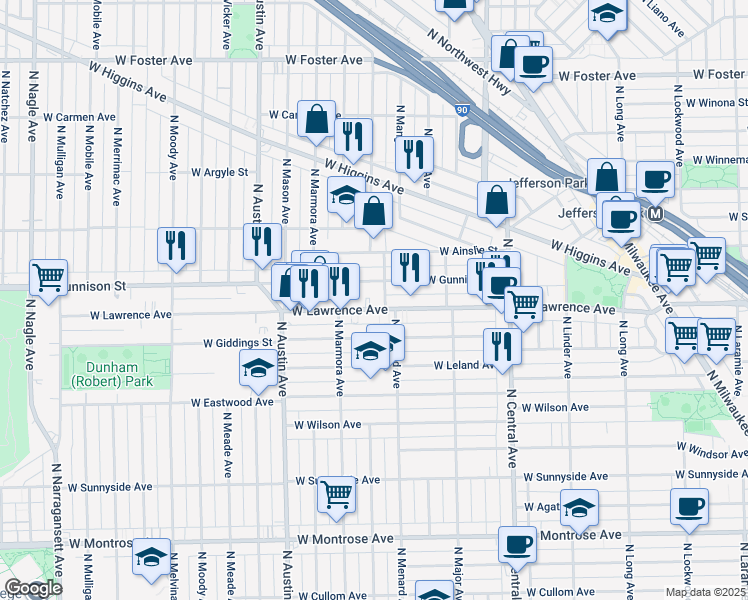 map of restaurants, bars, coffee shops, grocery stores, and more near 5827 West Gunnison Street in Chicago