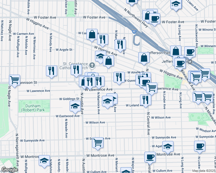 map of restaurants, bars, coffee shops, grocery stores, and more near 5827 West Gunnison Street in Chicago