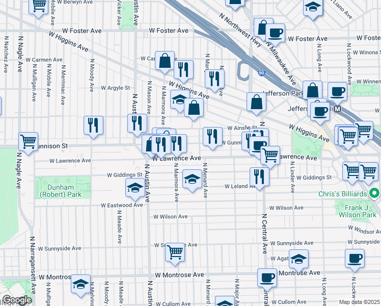 map of restaurants, bars, coffee shops, grocery stores, and more near 5827 West Gunnison Street in Chicago