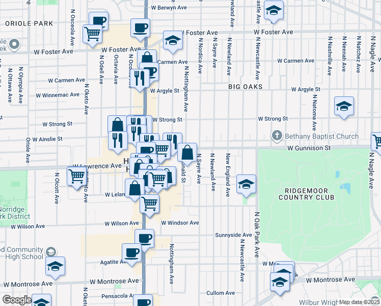 map of restaurants, bars, coffee shops, grocery stores, and more near 4804 North Nottingham Avenue in Chicago