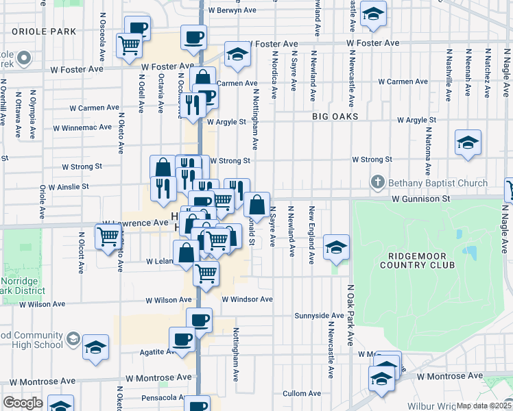 map of restaurants, bars, coffee shops, grocery stores, and more near 4804 North Nottingham Avenue in Chicago