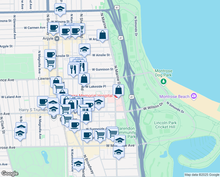 map of restaurants, bars, coffee shops, grocery stores, and more near 818 West Lakeside Place in Chicago
