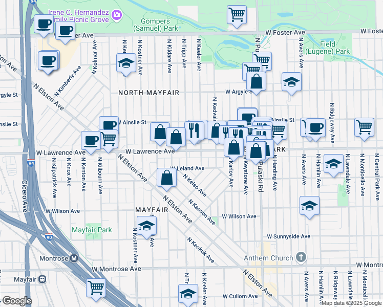 map of restaurants, bars, coffee shops, grocery stores, and more near 4212 West Lawrence Avenue in Chicago