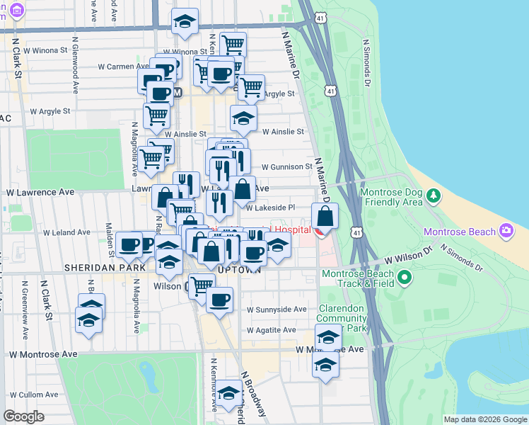 map of restaurants, bars, coffee shops, grocery stores, and more near 4759 North Sheridan Road in Chicago