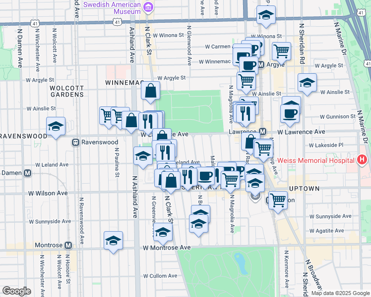map of restaurants, bars, coffee shops, grocery stores, and more near 4748 North Beacon Street in Chicago