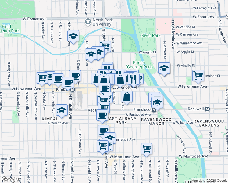 map of restaurants, bars, coffee shops, grocery stores, and more near 4747 North Troy Street in Chicago