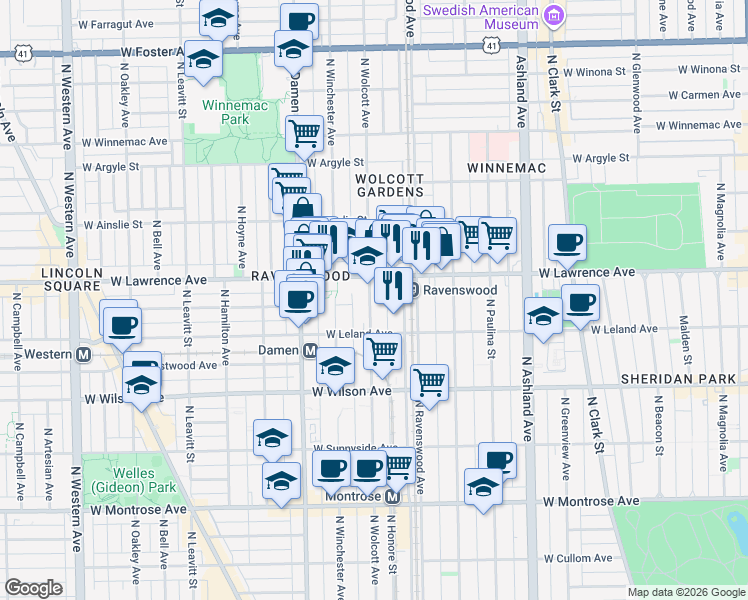 map of restaurants, bars, coffee shops, grocery stores, and more near 4733 North Wolcott Avenue in Chicago