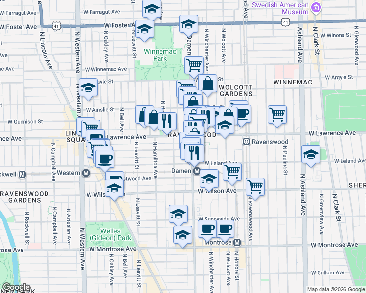 map of restaurants, bars, coffee shops, grocery stores, and more near 2016 West Giddings Street in Chicago