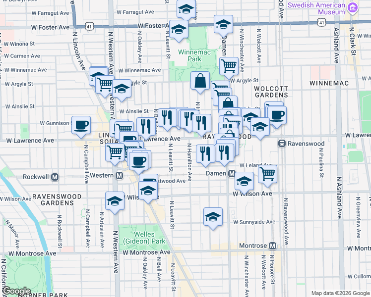 map of restaurants, bars, coffee shops, grocery stores, and more near 2148 West Giddings Street in Chicago