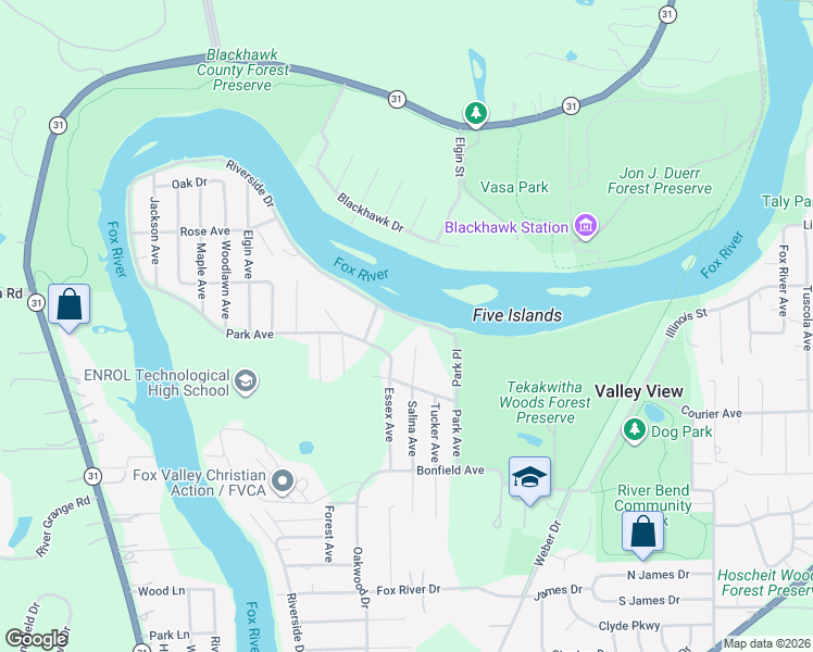 map of restaurants, bars, coffee shops, grocery stores, and more near 35W337 Riverside Drive in St. Charles