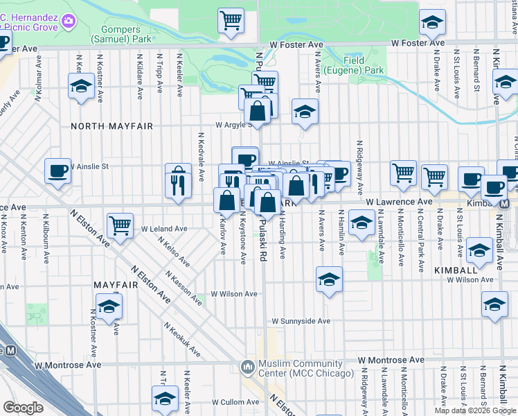 map of restaurants, bars, coffee shops, grocery stores, and more near 4821 North Keystone Avenue in Chicago
