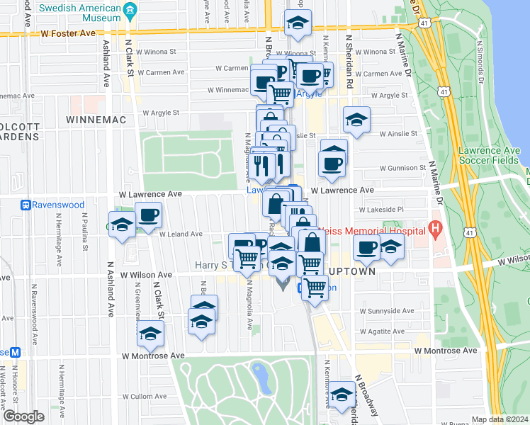 map of restaurants, bars, coffee shops, grocery stores, and more near 4800 North Broadway in Chicago