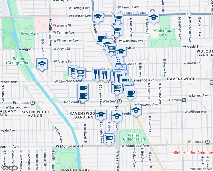 map of restaurants, bars, coffee shops, grocery stores, and more near 2425 West Lawrence Avenue in Chicago