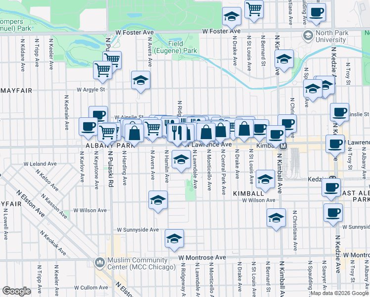 map of restaurants, bars, coffee shops, grocery stores, and more near 3718 West Lawrence Avenue in Chicago