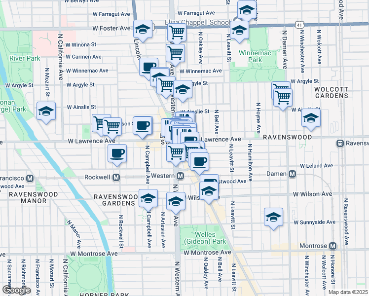 map of restaurants, bars, coffee shops, grocery stores, and more near 2401 West Lawrence Avenue in Chicago
