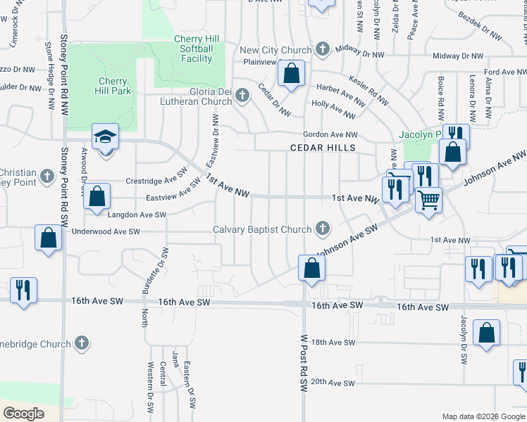 map of restaurants, bars, coffee shops, grocery stores, and more near 5527 1st Avenue Southwest in Cedar Rapids