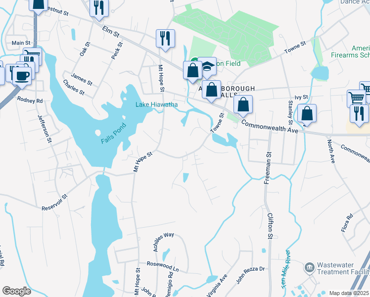 map of restaurants, bars, coffee shops, grocery stores, and more near 78 Towne Street in North Attleborough
