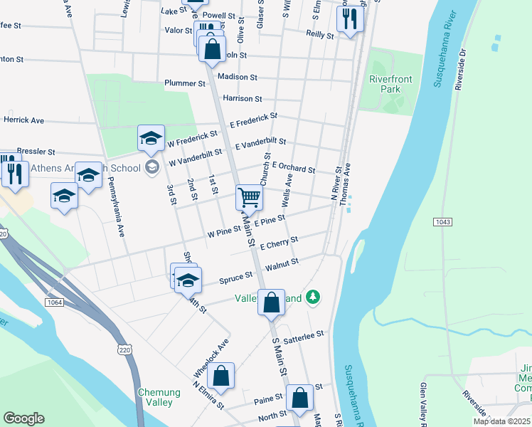 map of restaurants, bars, coffee shops, grocery stores, and more near 406 Church Street in Athens