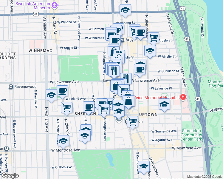 map of restaurants, bars, coffee shops, grocery stores, and more near 4800 North Broadway in Chicago