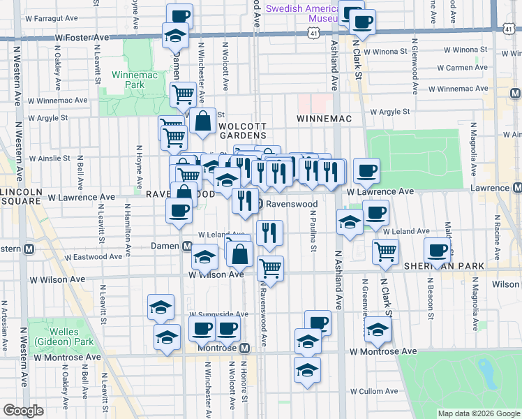 map of restaurants, bars, coffee shops, grocery stores, and more near 1777 West Lawrence Avenue in Chicago