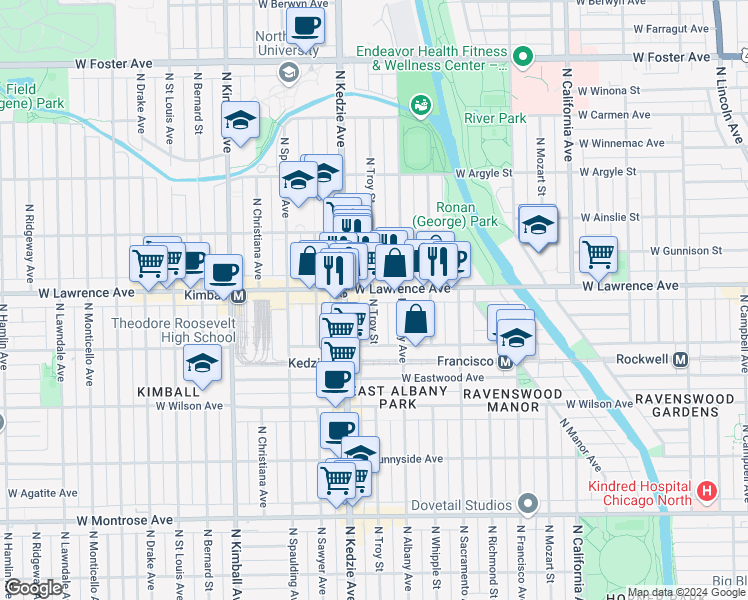 map of restaurants, bars, coffee shops, grocery stores, and more near 3111 West Lawrence Avenue in Chicago
