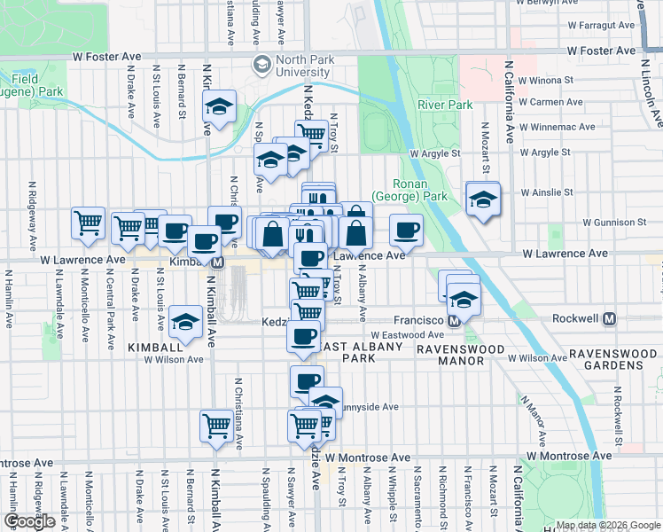 map of restaurants, bars, coffee shops, grocery stores, and more near 3133 West Lawrence Avenue in Chicago