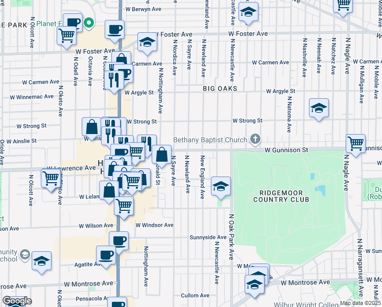 map of restaurants, bars, coffee shops, grocery stores, and more near 6864 West Gunnison Street in Harwood Heights
