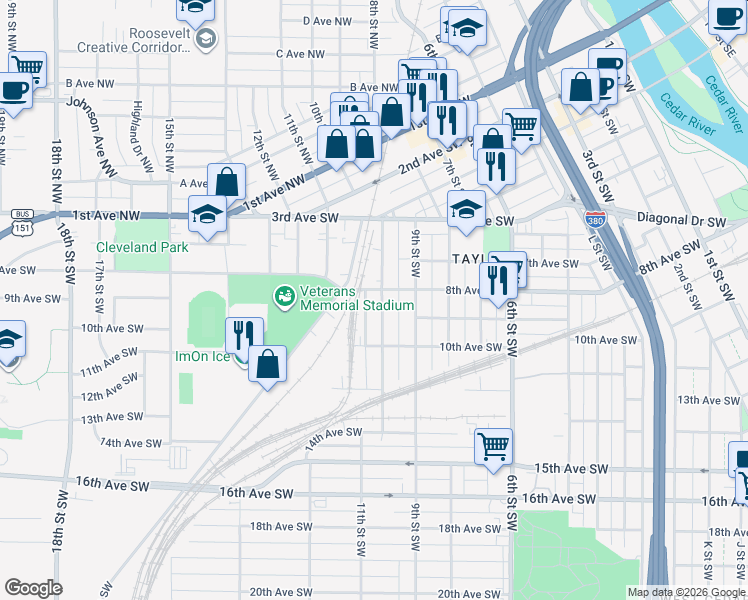 map of restaurants, bars, coffee shops, grocery stores, and more near 1000-1016 8th Ave SW in Cedar Rapids