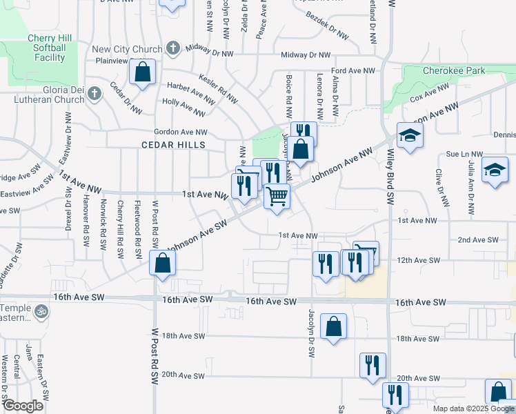 map of restaurants, bars, coffee shops, grocery stores, and more near 4910 Johnson Avenue Northwest in Cedar Rapids