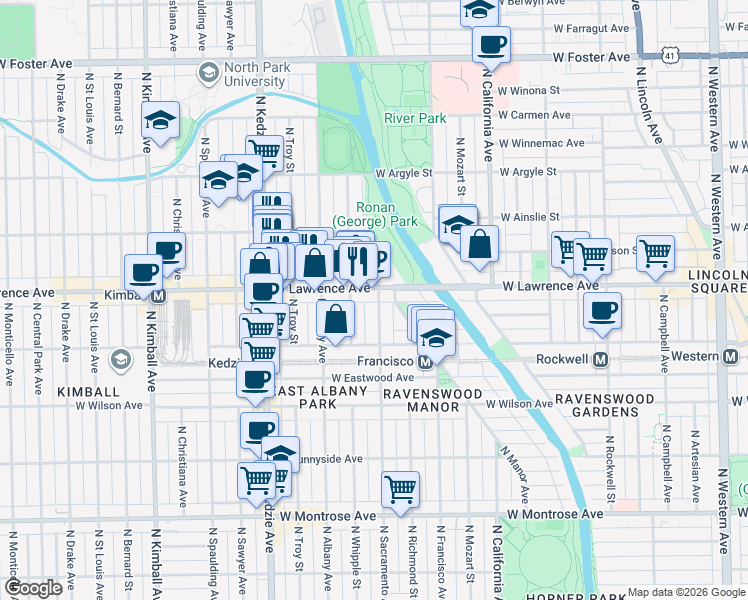 map of restaurants, bars, coffee shops, grocery stores, and more near 4746 North Sacramento Avenue in Chicago